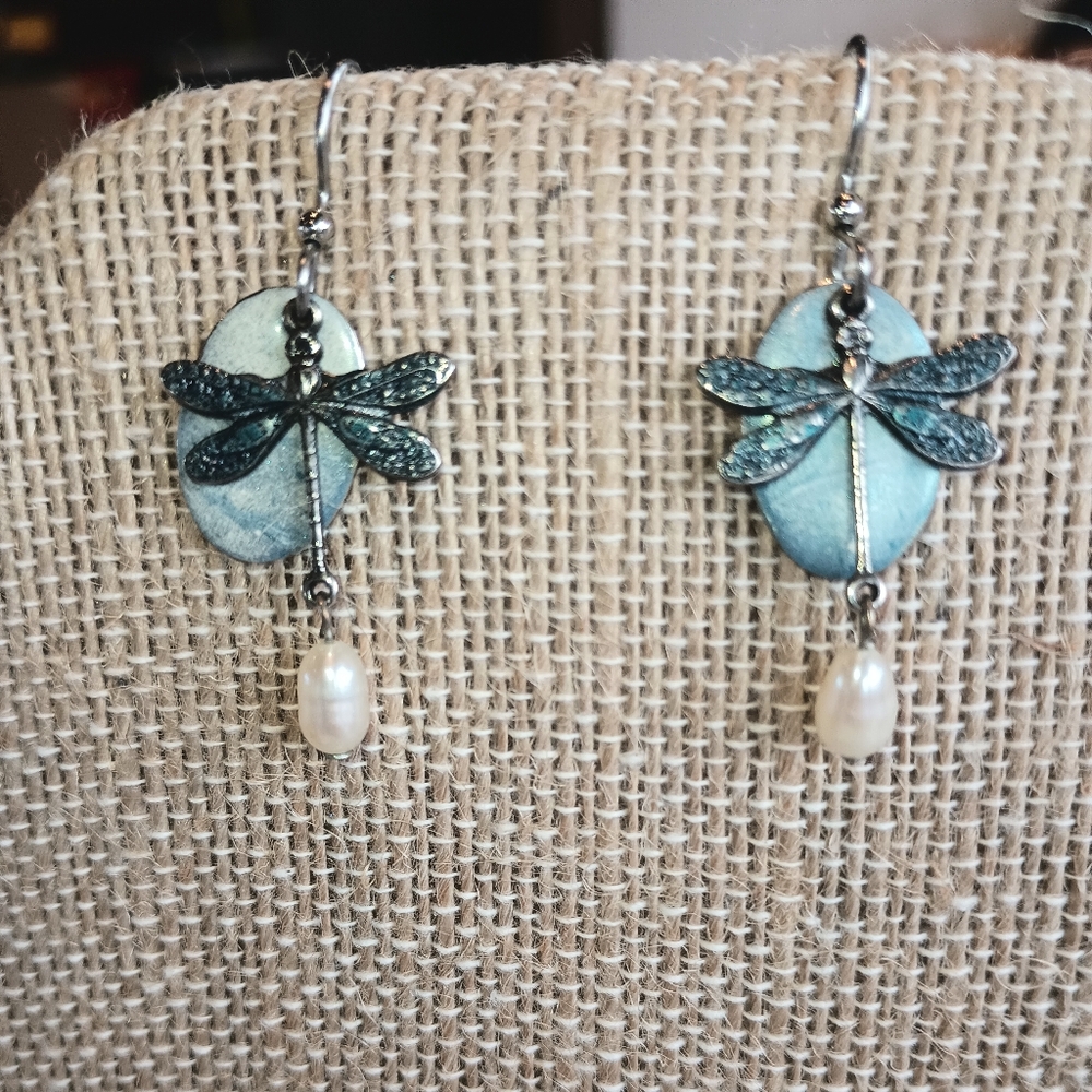 Silver Forest Blue Dragonfly Silver Tone Dangle Earrings